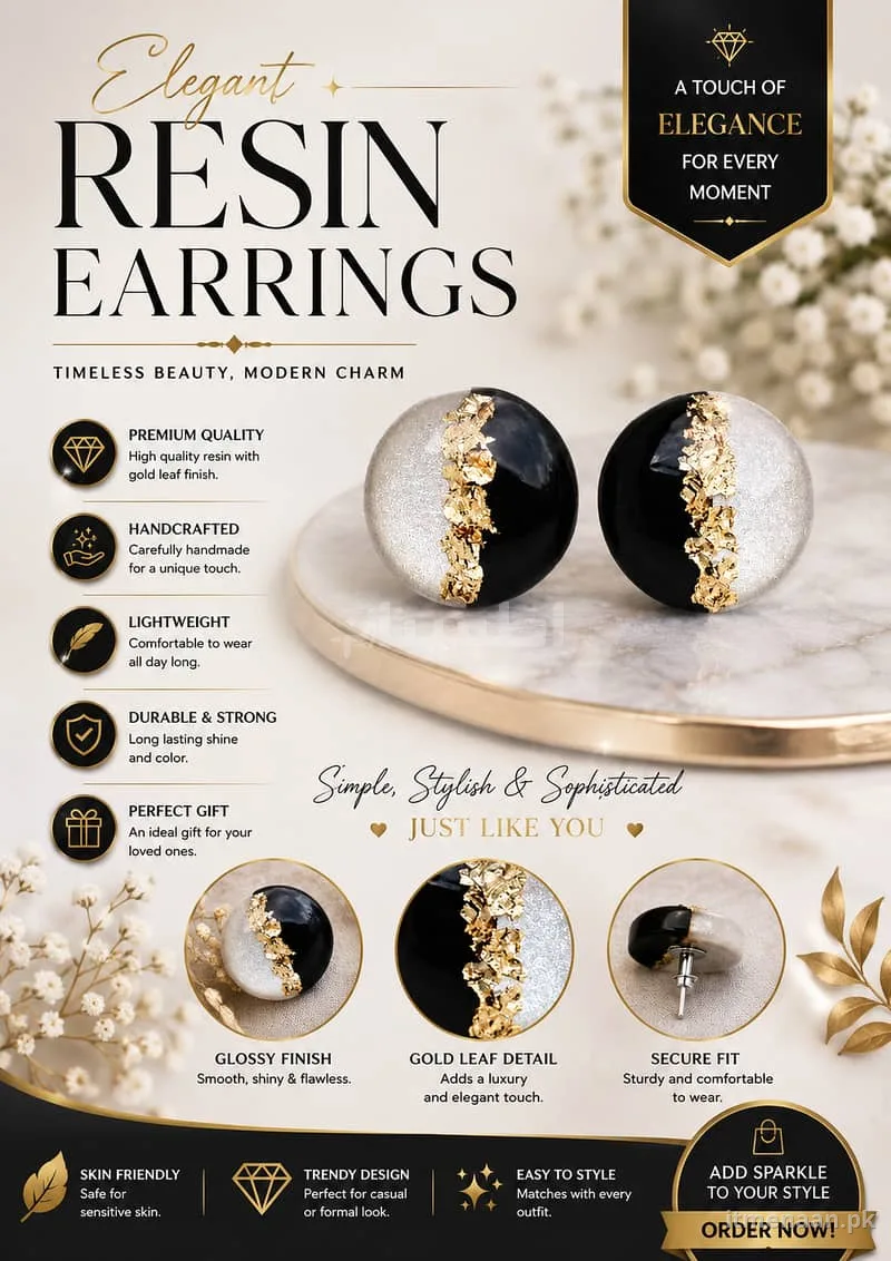 Stylish Handcrafted Resin Earrings in Black, Pearl & Gold Leaf – Perfect Gift for Her for sale in D Ground, Faisalabad