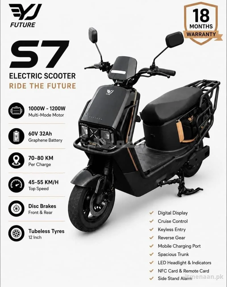 YJ Future S7 Electric Scooter – 70-80km Range, 1200W Motor, Lahore Deal for sale in UET Housing Society, Lahore